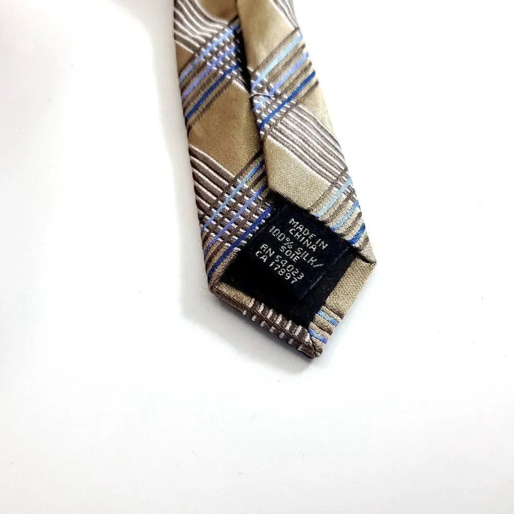 Banana Republic Gold Tan Blue Plaid Woven‎ Wide Silk Tie
